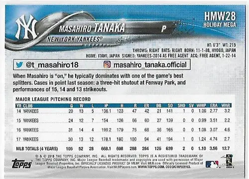 2018 Topps Holiday #HMW28 Masahiro Tanaka NM-MT Yankees ID:15876 - Baseball Card Single