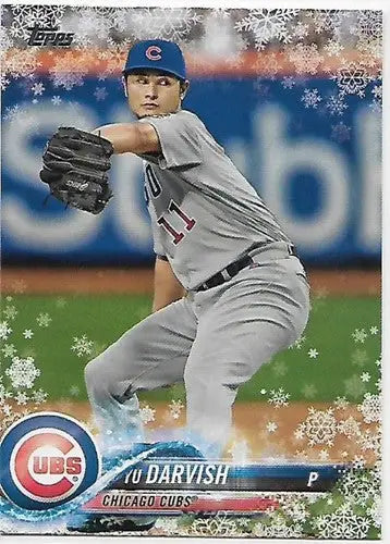 2018 Topps Holiday HMW45 Yu Darvish Cubs trading card with winter snowflake design and original gloss