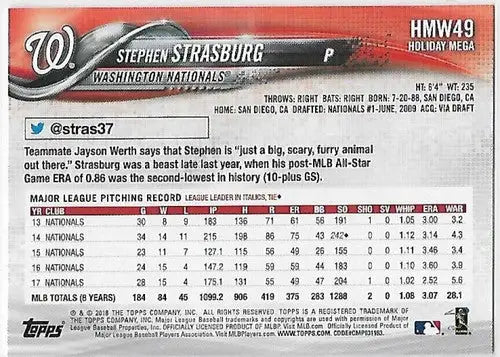 2018 Topps Holiday #HMW49 Stephen Strasburg NM-MT Nationals - Baseball Card Single