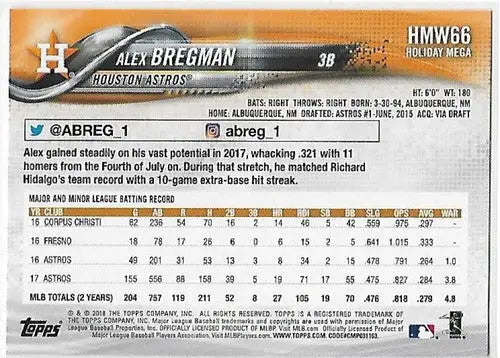 Original gloss of Alex Bregman baseball card from 2018 Topps Holiday series