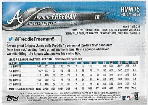 Back of 2018 Topps Holiday HMW75 Freddie Freeman baseball card with stats