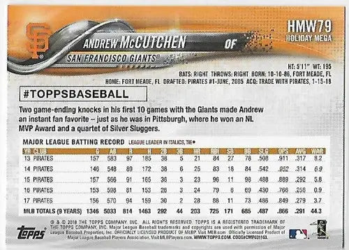Original gloss 2018 Topps Holiday HMW79 Andrew McCutchen baseball card featuring Giants team