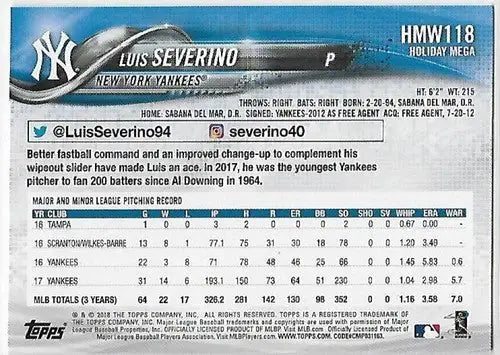 Original gloss 2018 Topps Holiday Snowflake Luis Severino Yankees baseball card