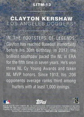 2018 Topps Legends in the Making #LITM-13 Clayton Kershaw NM-MT Dodgers ID:14572 - Baseball Card Single