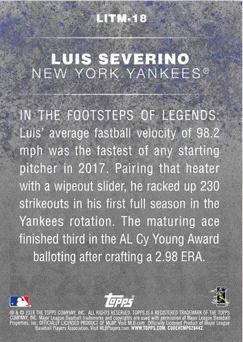 Baseball card back showing Luis Severino Topps Legends 2018 Original Gloss Yankees