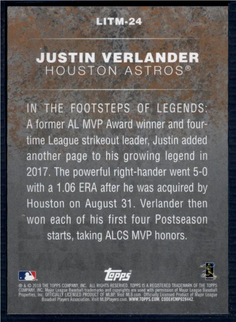 2018 Topps Legends in the Making #LITM-24 Justin Verlander NM-MT Astros ID:14491 - Baseball Card Single