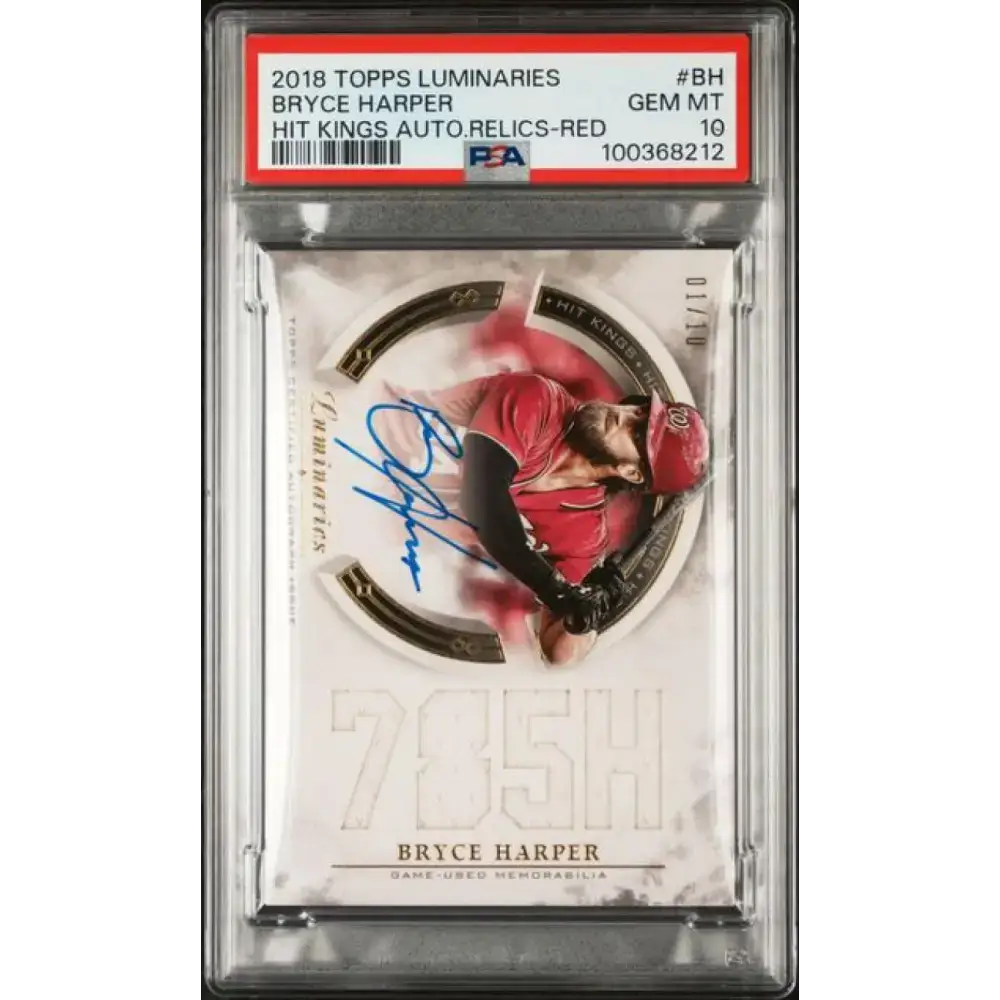 2018 Topps Luminaries Hit Kings Relics Red #HKAR-BH Bryce Harper PSA 10 GEM MINT MEM Auto 1/10 Washington Nationals