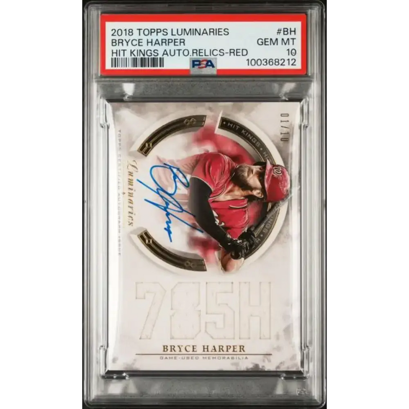 2018 Topps Luminaries Hit Kings Relics Red #HKAR-BH Bryce Harper PSA 10 GEM MINT MEM Auto 1/10 Washington Nationals