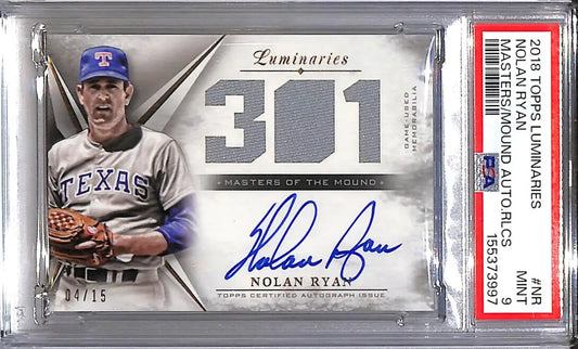 2018 Topps Luminaries Masters Of The Mound #MOTMAR-NR Nolan Ryan PSA 9 MINT MEM Auto 4/15 Texas Rangers - Baseball Card