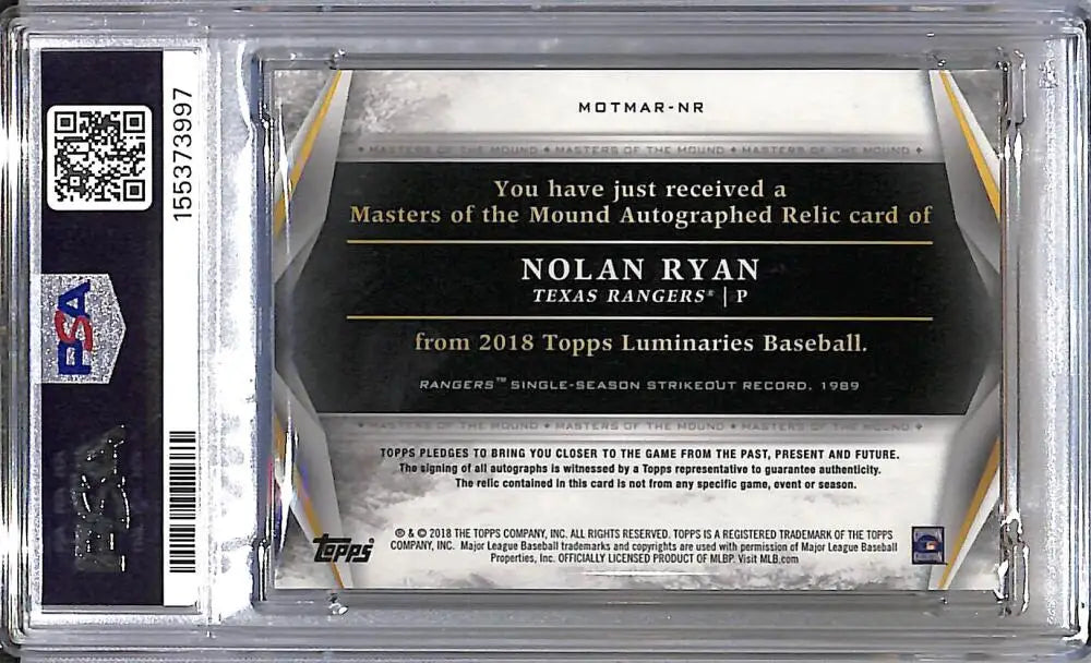 2018 Topps Luminaries Masters Of The Mound #MOTMAR-NR Nolan Ryan PSA 9 MINT MEM Auto 4/15 Texas Rangers - Baseball Card