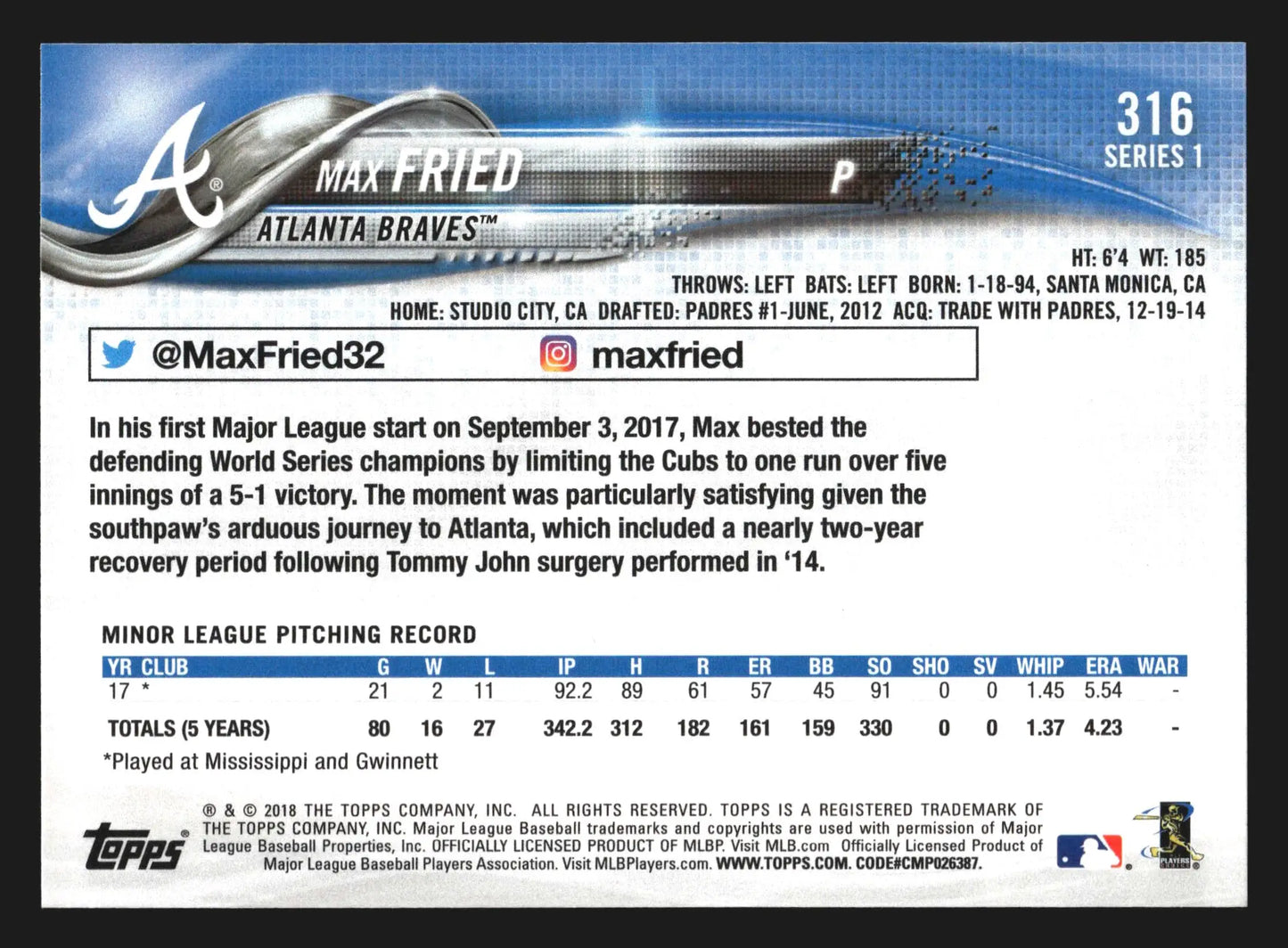 2018 Topps Max Fried #316 Atlanta Braves RC - Baseball Card Single