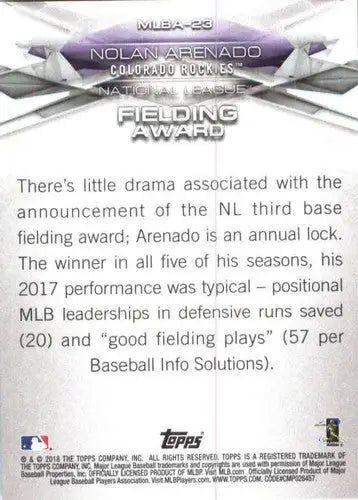 2018 Topps MLB Awards Nolan Arenado baseball card featuring Rockies player and MLB awards