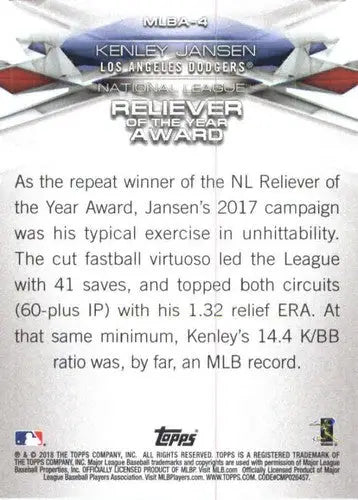 Baseball card back with original gloss from Topps MLB Awards series featuring Kenley Jansen