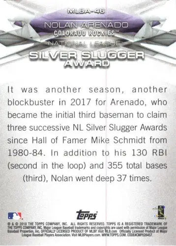 2018 Topps MLB Awards Nolan Arenado baseball card featuring Rockies players and mlb awards