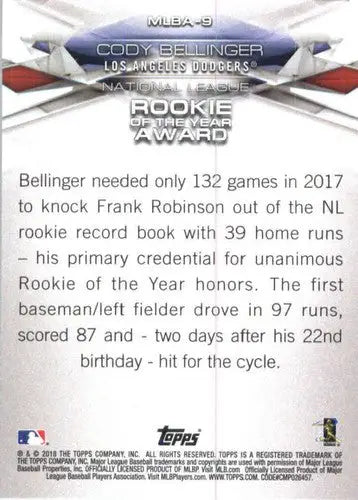 Baseball card back with original gloss from 2018 Topps MLB Awards Cody Bellinger Dodgers