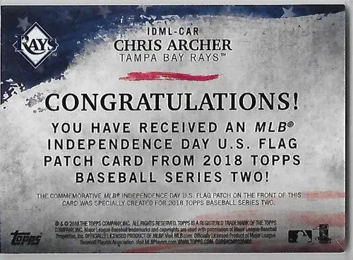 2018 Topps MLB Independence Day Chris Archer U.S. Flag Patch baseball card