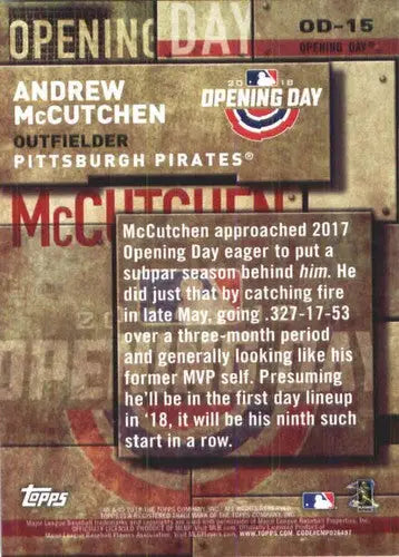 Original gloss baseball card from 2018 Topps MLB Opening Day featuring Andrew McCutchen