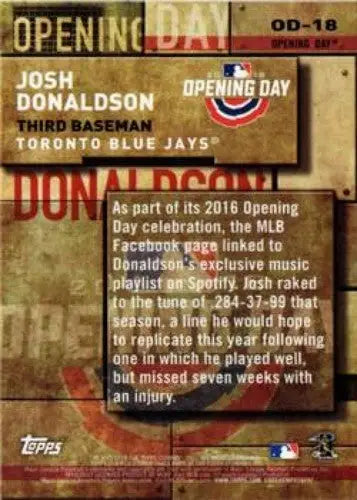 Baseball card back from 2018 Topps MLB Opening Day series featuring Josh Donaldson