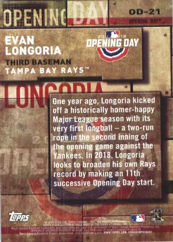 2018 Topps MLB Opening Day #OD-21 Evan Longoria NMMT Rays ID:7754 - Baseball Card Single