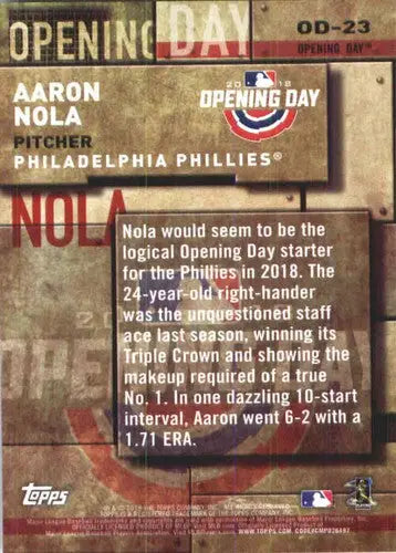 2018 Topps MLB Opening Day #OD-23 Aaron Nola NMMT Phillies - Baseball Card Single