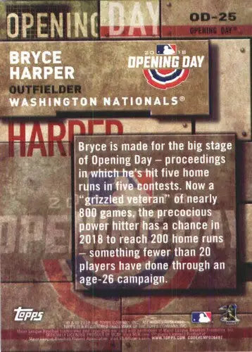 Original gloss Bryce Harper baseball card from 2018 Topps MLB Opening Day collection