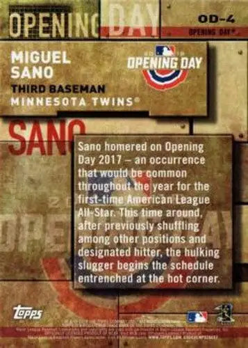 2018 Topps MLB Opening Day #OD-4 Miguel Sano NMMT Twins - Baseball Card Single