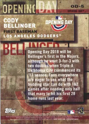 2018 Topps MLB Opening Day #OD-5 Cody Bellinger NM-MT Dodgers - Baseball Card Single
