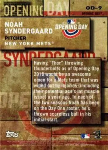 2018 Topps MLB Opening Day #OD-9 Noah Syndergaard NMMT Mets - Baseball Card Single