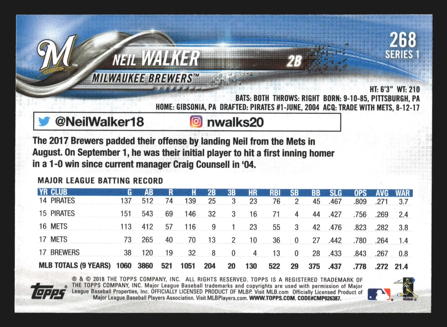 2018 Topps Neil Walker #268 Milwaukee Brewers - Baseball Card Single