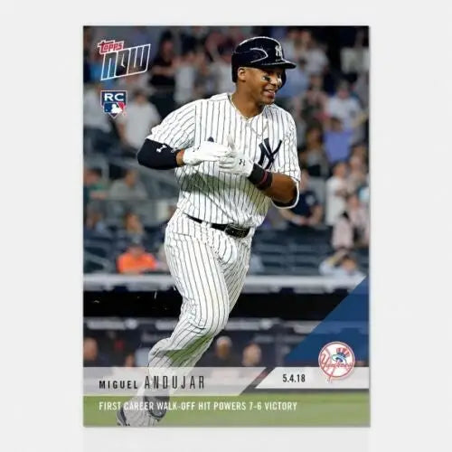 Baseball card of Miguel Andujar running, 1st career hit powers Yankees victory