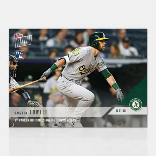 Baseball card of Dustin Fowler at bat, celebrating his 1st career hit against former team