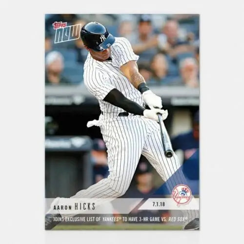 Baseball card of New York Yankees player Aaron Hicks swinging against Red Sox