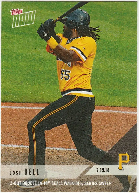 Baseball player in yellow jersey 55 swinging bat for 2018 TOPPS NOW sweep Josh Bell