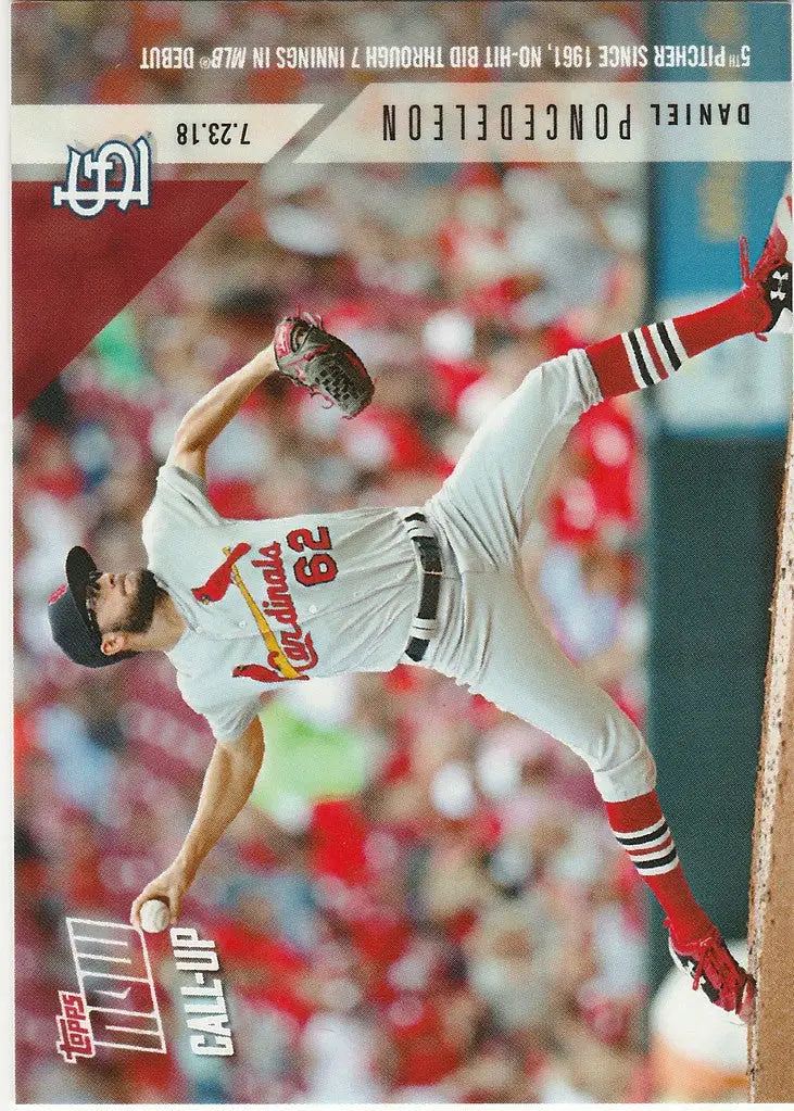 Baseball player in pitch wearing white and red, showcasing Daniel Poncedeleon trading cards