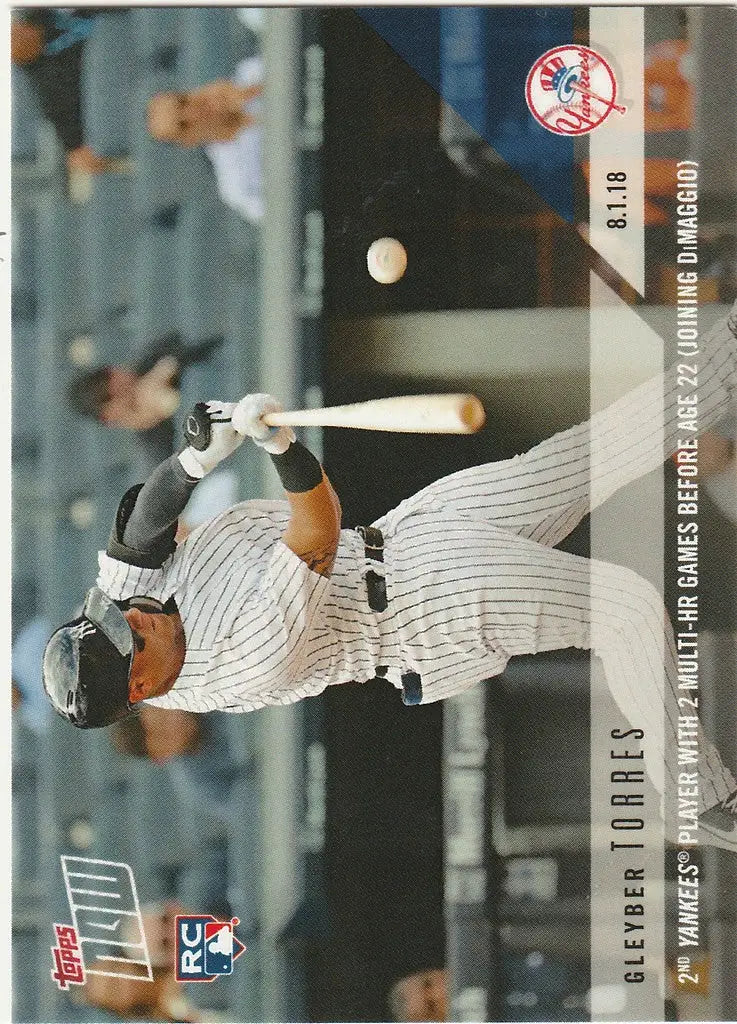 Baseball player Gleyber Torres 2nd in white pinstriped uniform swinging bat