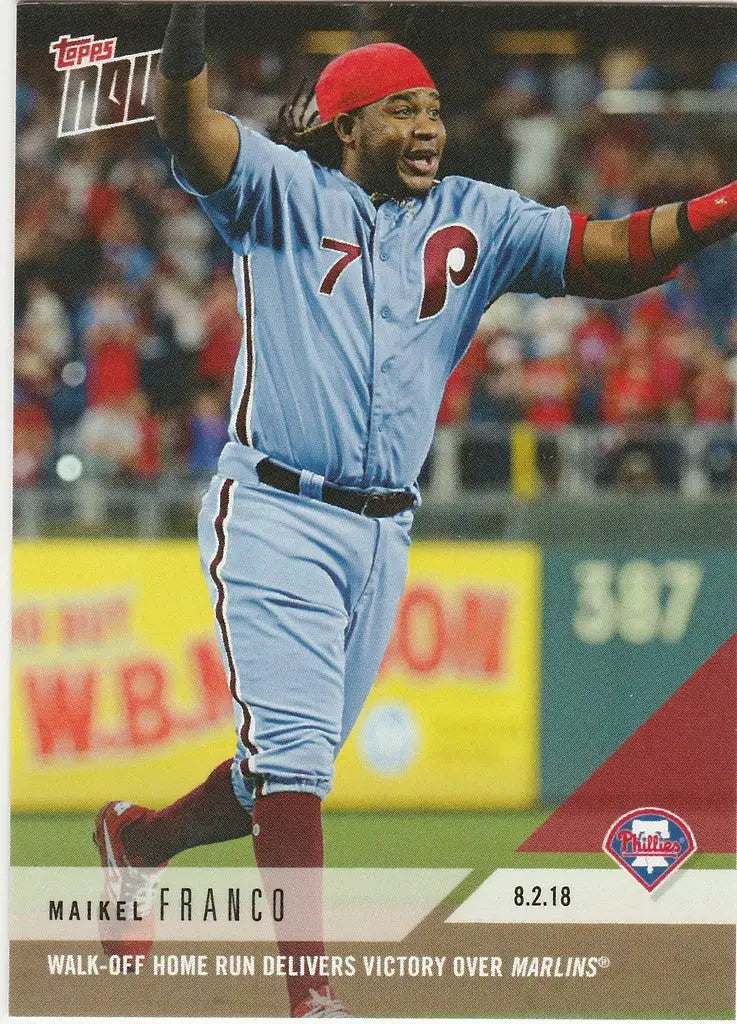 Baseball player in light blue uniform celebrating home run victory over Marlins