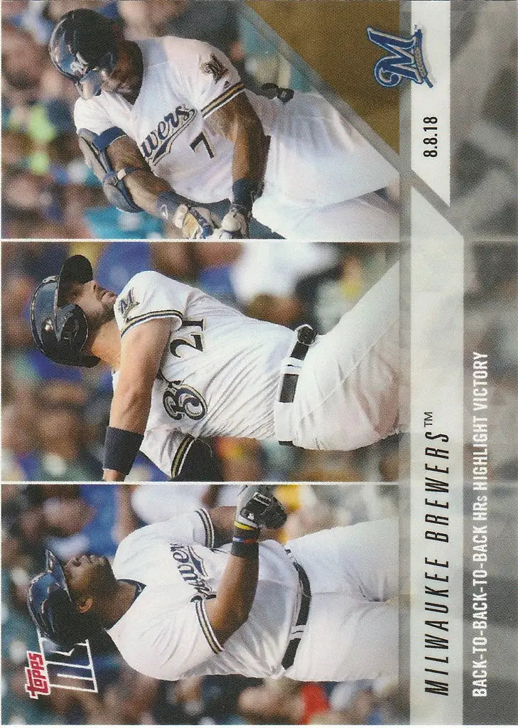 Baseball card featuring Milwaukee Brewers HRS highlights win with Aguilar, Shaw, and Thames