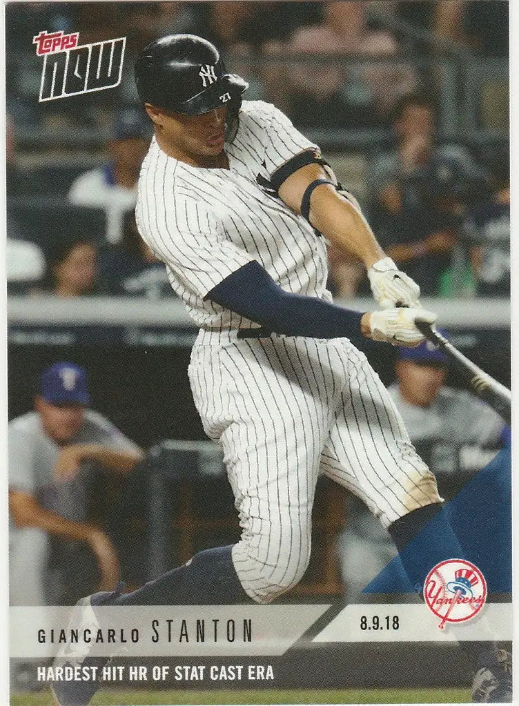 Giancarlo Stanton swinging bat in pinstriped uniform during Stat Cast Era Yankees game
