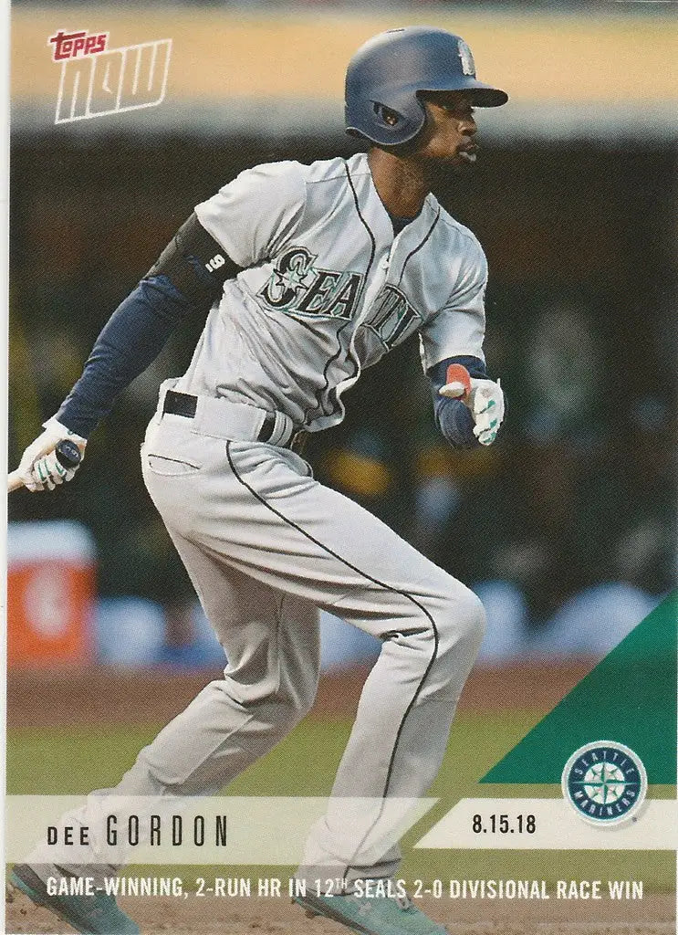 Baseball player in Seattle Mariners uniform swinging bat for Dee Gordon game-winning run HR