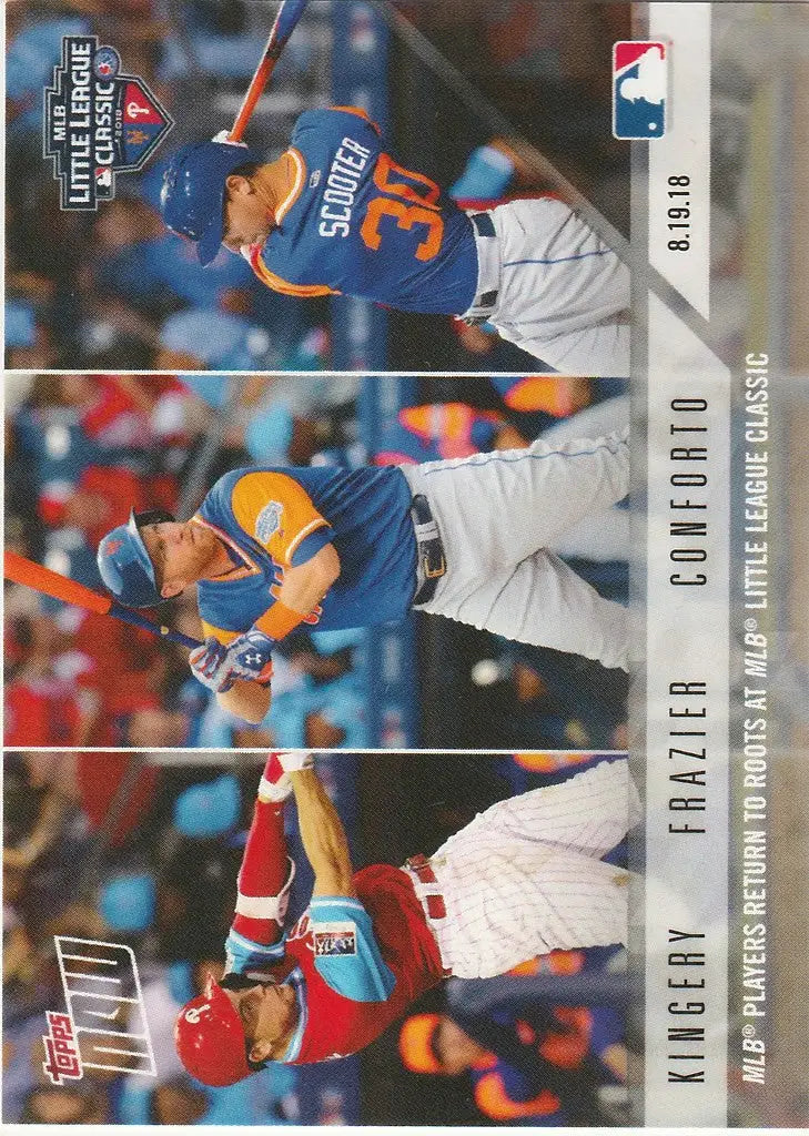 Baseball trading card showcasing MLB players return at League World Series action shots