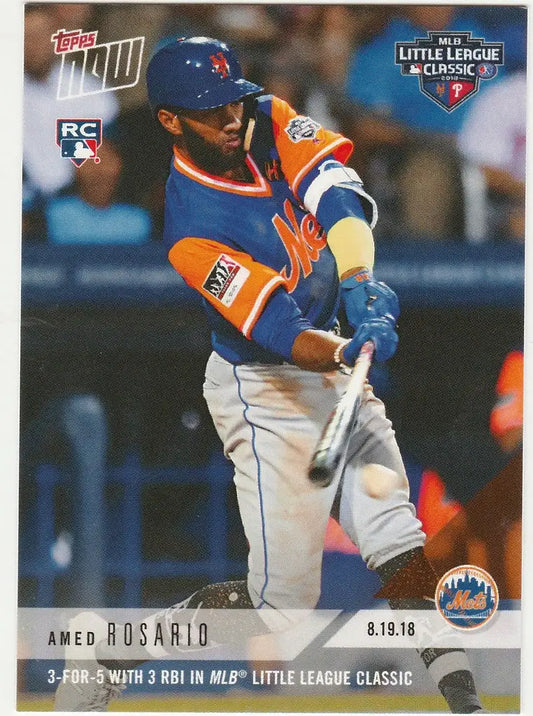 Baseball card of Amed Rosario swinging bat for Mets in Little League Classic
