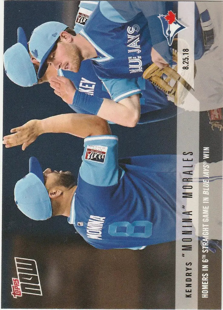 Baseball card of Kendrys Morales celebrating 6th straight Blue Jay wins in blue uniform