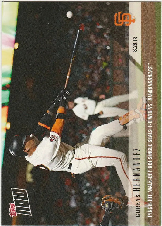 Baseball player Gorkys Hernandez swinging bat for San Francisco Giants walk-off win