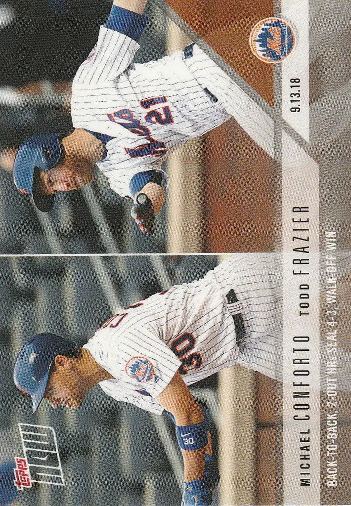Baseball card of New York Mets featuring Back-to-Back 2-Out HRs Conforto Fraizer