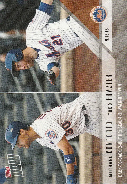 Baseball card of New York Mets featuring Back-to-Back 2-Out HRs Conforto Fraizer
