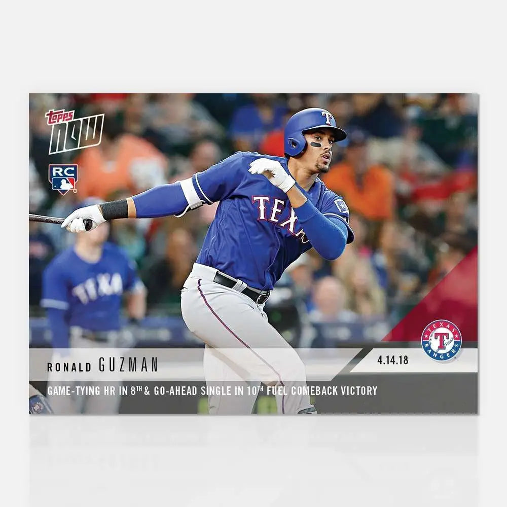 Ronald Guzman trading card showing Texas Rangers player swinging bat in 2018 TOPPS NOW series