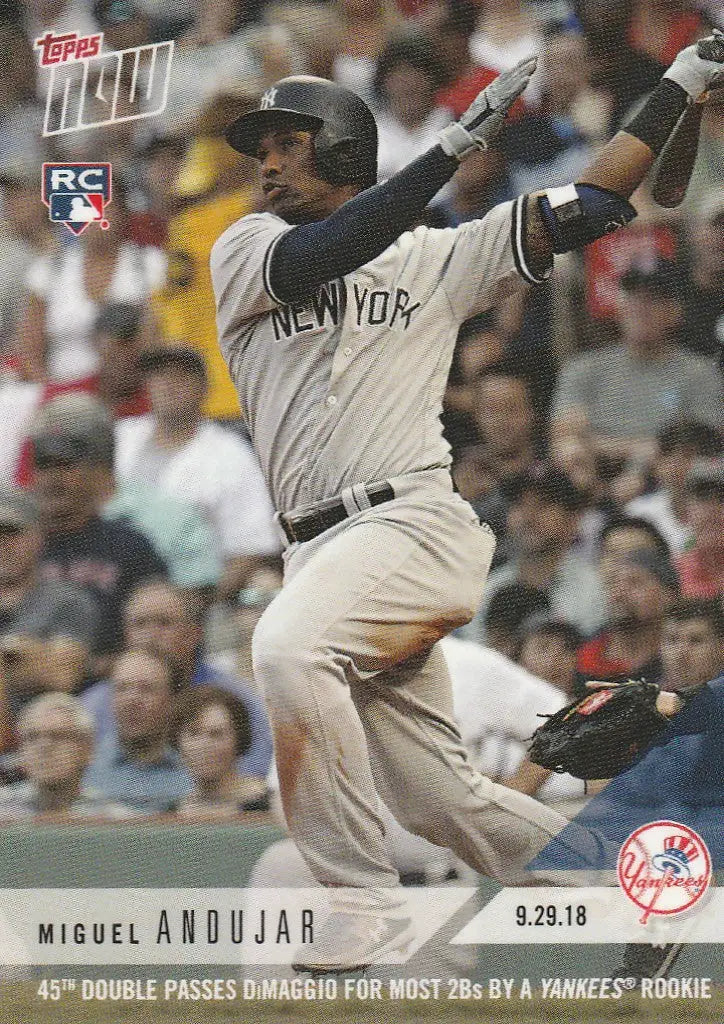 Miguel Andujar swinging bat in New York Yankees uniform for Yankees 45th double