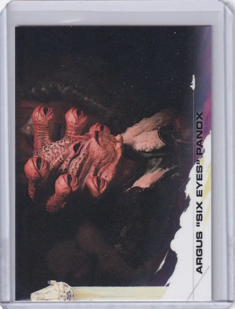 Trading card of Argus Six-Eyes Panox in dramatic red lighting from Star Wars Story