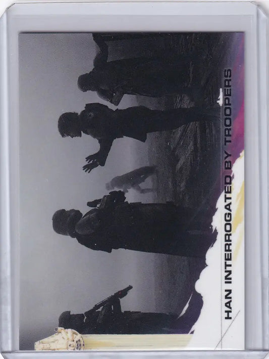 Trading card featuring silhouettes from Solo: A Star Wars Story and Han Solo interrogation