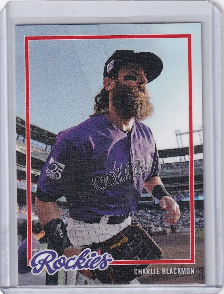 Baseball card of Charlie Blackmon Colorado Rockies player in purple jersey with beard